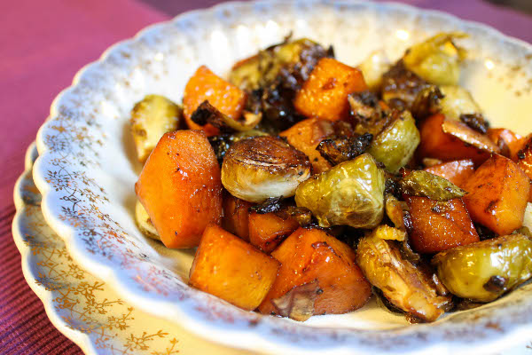 maple and cayenne brussels sprouts butternut squash