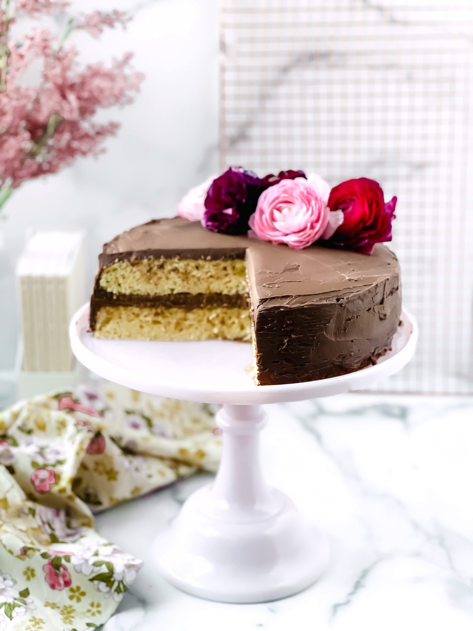 Olive Oil Cake with Dulce de Leche Filling and Chocolate Frosting